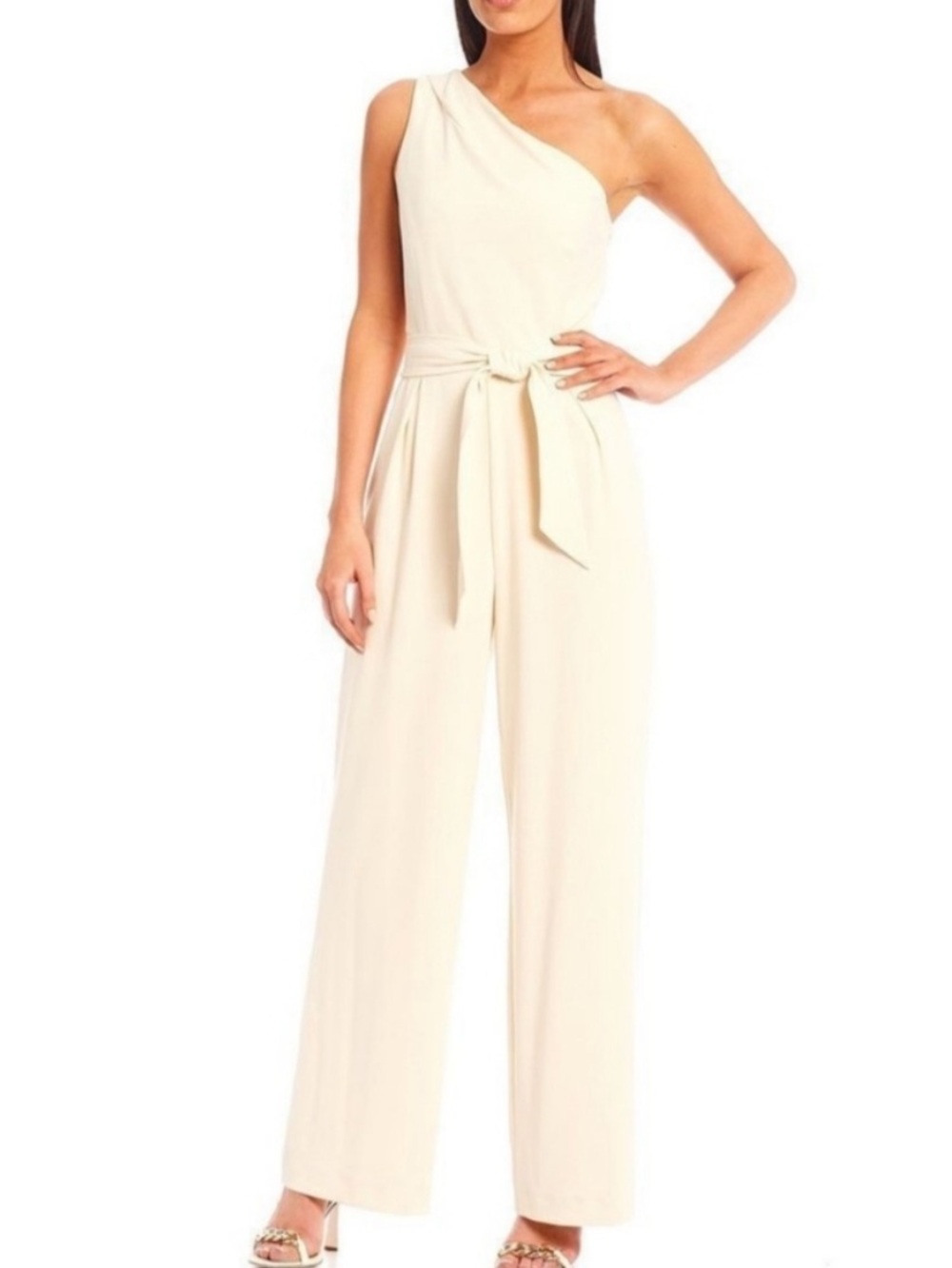 ANTONIO MELANI One-Shoulder White Jumpsuit with Waist Tie and Wide Legs
